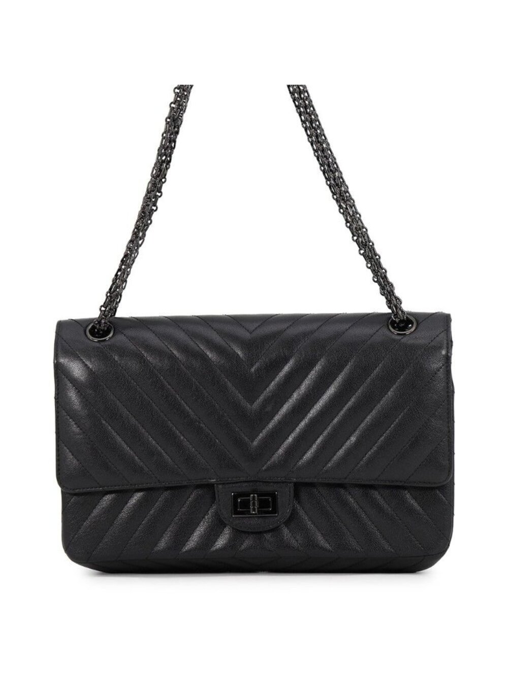 Chanel Chain Shoulder Bag 2.55 Chevron Aged Calfskin Black